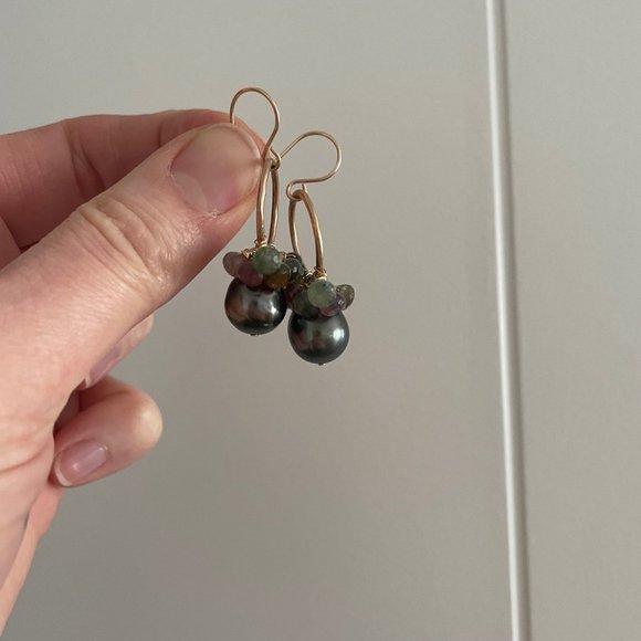 Handmade Tahitian Pearl and Tourmaline Cluster Earrings - Picture 4 of 5